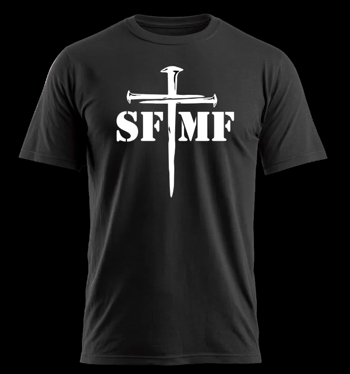 Black t-shirt with 'SFMF FAITH' logo on front 