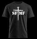 Black t-shirt with 'SFMF FAITH' logo on front 