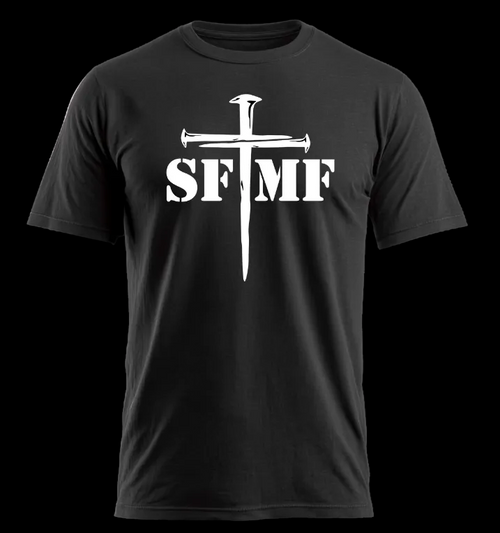 Black t-shirt with 'SFMF FAITH' logo on front 