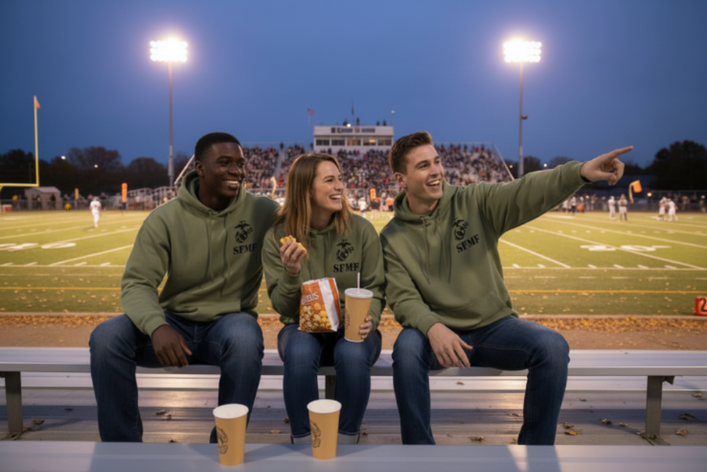 Three people sitting on a bench at a football game, enjoying snacks and drinks.