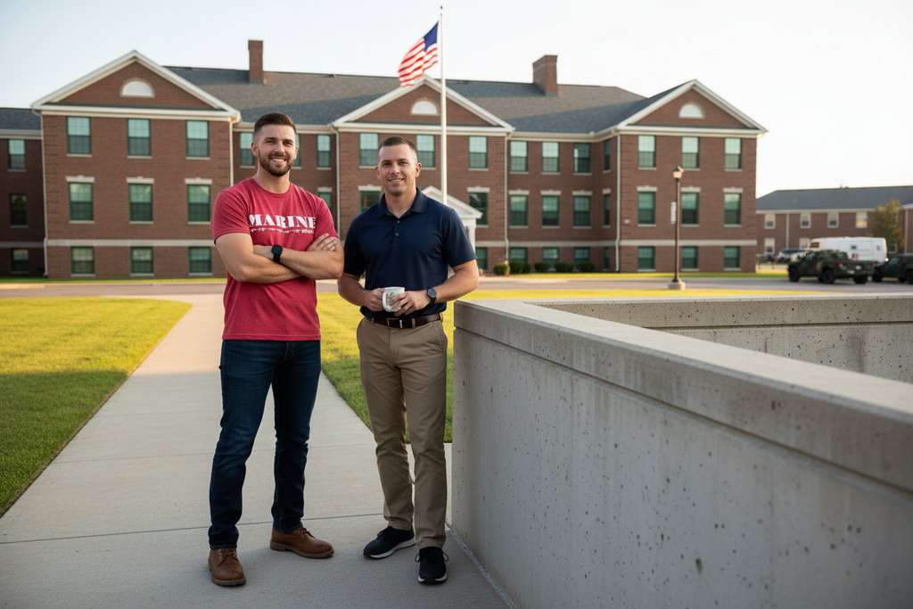 Red heather t-shirt with 'MARINE SFMF' 7 RIFLES outside baracks