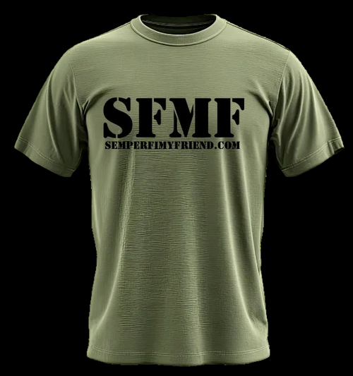 Green t-shirt with 'SFMF' black text 