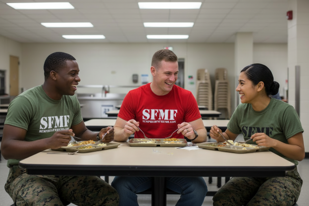 Group of three Marines eating at Chow Hall in SFMF t-shirts