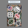 A sheet of full color, waterproof stickers with six different designs, including an American flag, a fist, and text motifs, on a camouflaged background.