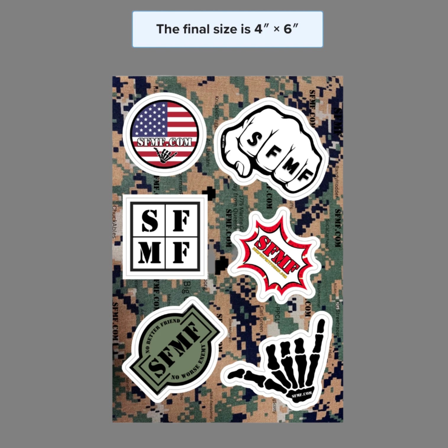 A sheet of full color, waterproof stickers with six different designs, including an American flag, a fist, and text motifs, on a camouflaged background.