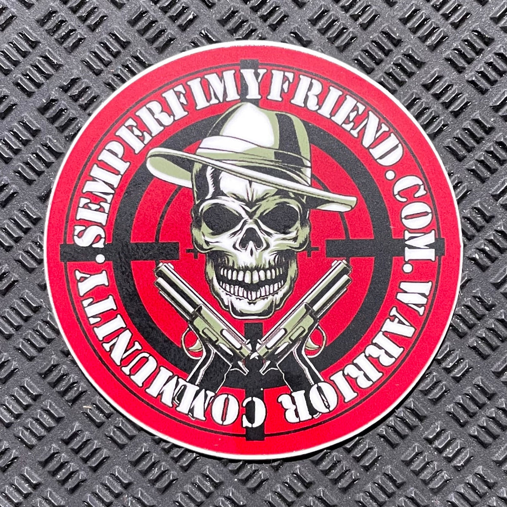 A circular sticker with a red background and a design featuring a skull, crossed bones, and the text 'SFMF My Friend' along with a website address.