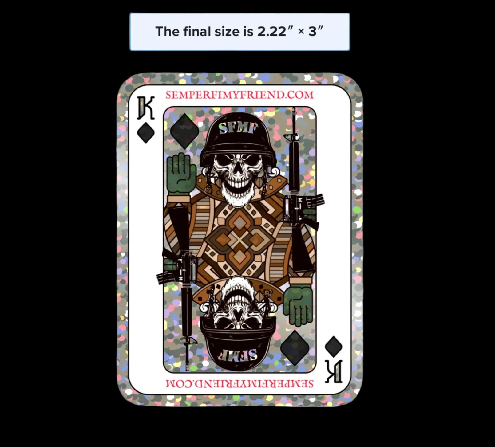 A decorative sticker with a military-themed design featuring a skull wearing a hat, crossed bones, and the text 'SFMF' on a shiny, multicolored background.