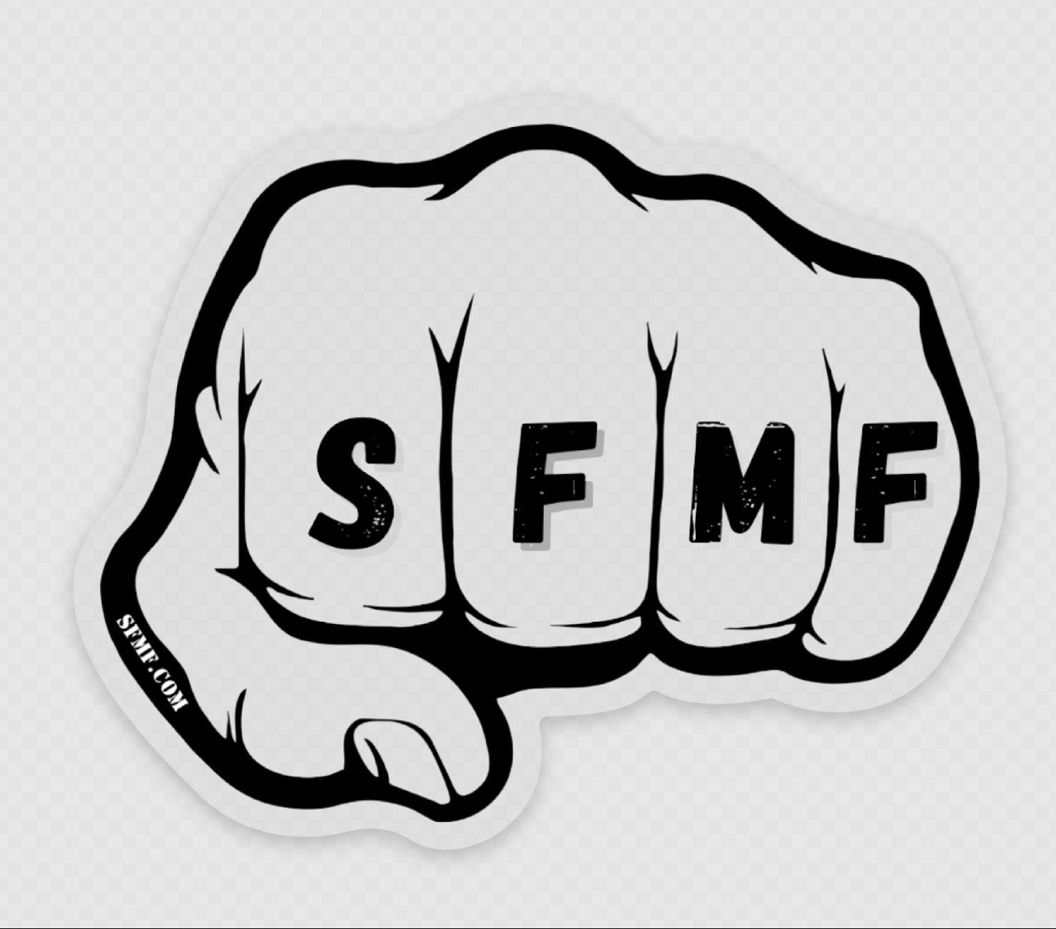 A CLEAR sticker depicting a clenched fist with the letters 'SFMF' in the center. The sticker has a die-cut shape with a black border.