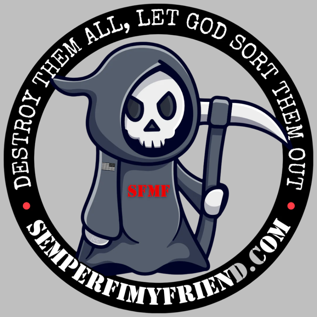 A sticker with a cartoon skull character in a black hooded cloak holding a large scythe, with the text 'DESTROY THEM ALL, LET GOD SORT THEM OUT' and the website 'SFMF.COM'.