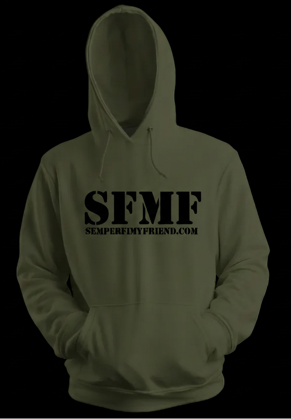 Green hoodie with 'SFMF' logo on a black background